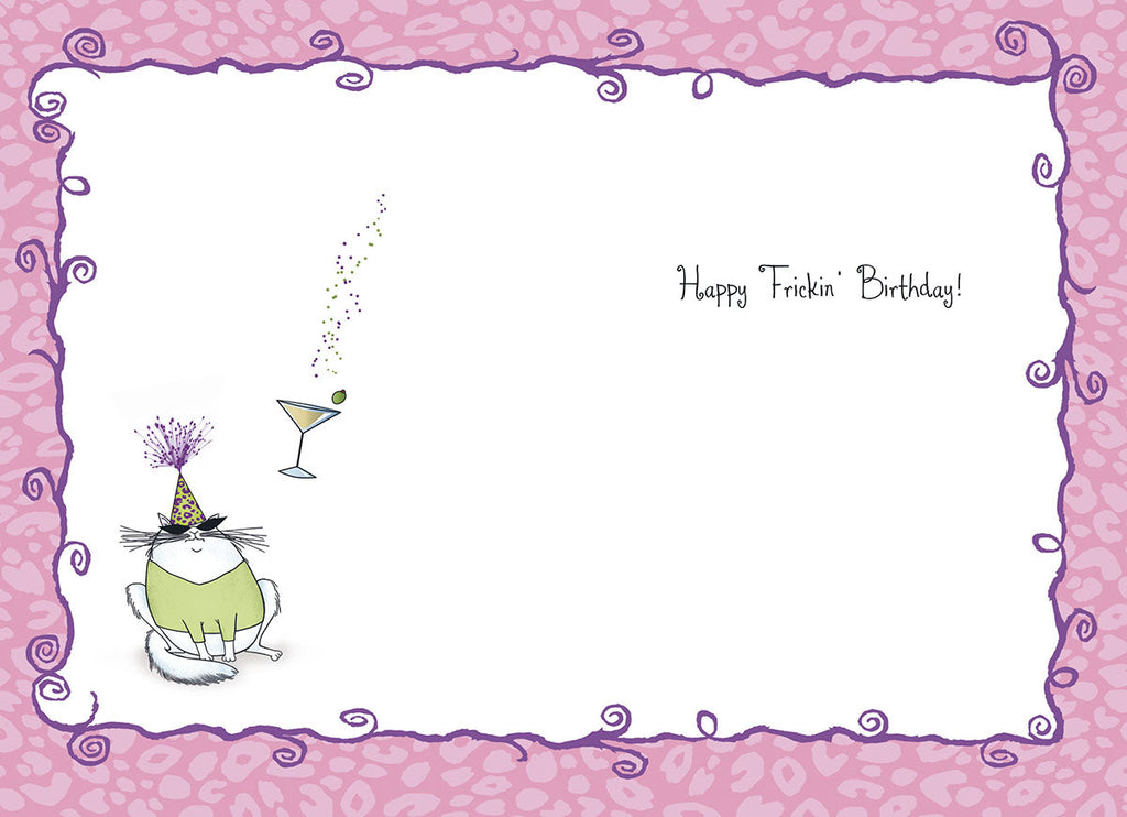 Inside of a humorous birthday card with a grumpy cat in a party hat and a martini glass. The interior includes the text: 'Happy Frickin' Birthday!'. The card maintains the pink leopard print and purple swirl border, perfect for writing a personalized sassy message to a friend.