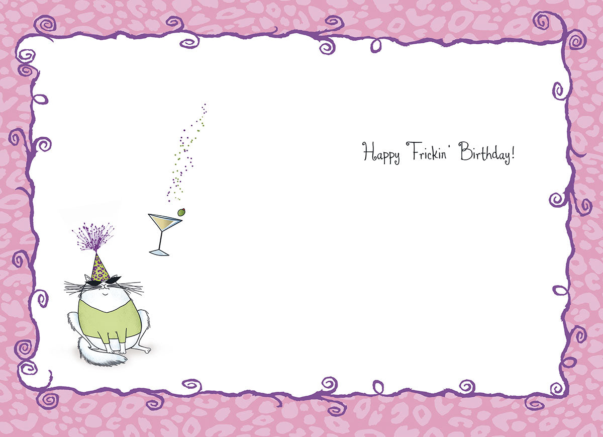 Inside of a humorous birthday card with a grumpy cat in a party hat and a martini glass. The interior includes the text: 'Happy Frickin' Birthday!'. The card maintains the pink leopard print and purple swirl border, perfect for writing a personalized sassy message to a friend.