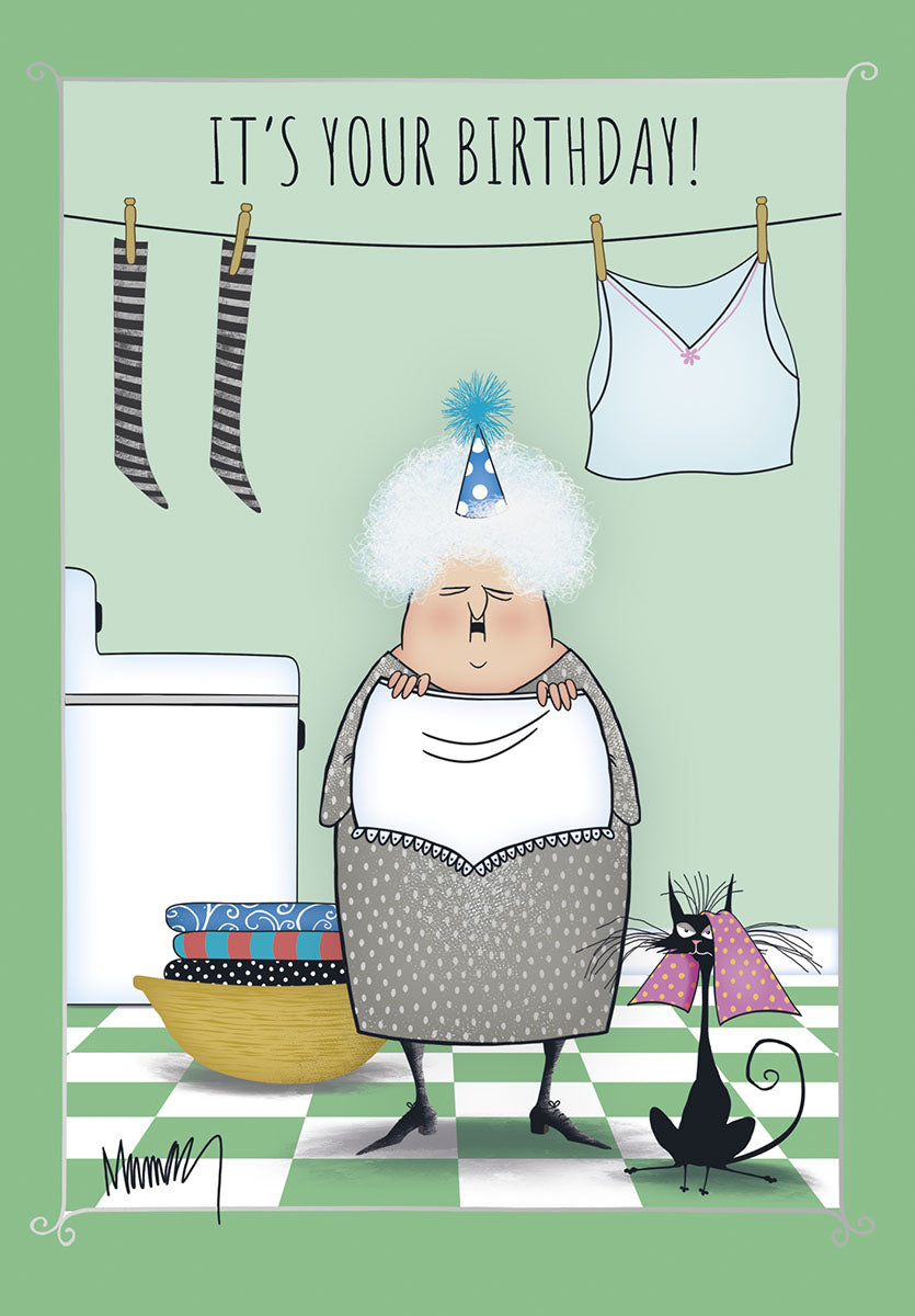 Funny greeting card front for grandma or an older woman, featuring a cartoon illustration of a grey-haired woman in a party hat holding laundry in a utility room, with a black cat. Perfect for a milestone celebration.