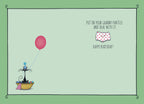 Humorous greeting card inside for her, displaying the text 'Put on your granny panties and deal with it. Happy Birthday!' alongside an illustration of polka dot underwear, a pink balloon, and a black cat in a laundry basket. Ideal for a sassy friend or grandparent.