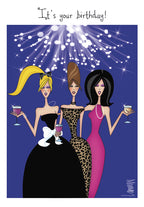 Stylish women celebrating with wine glasses under sparkling fireworks, front of a funny greeting card for her friend.