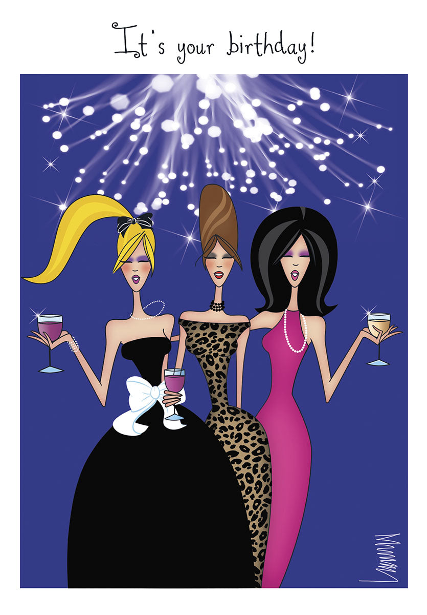 Stylish women celebrating with wine glasses under sparkling fireworks, front of a funny greeting card for her friend.