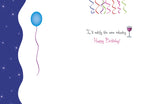 Inside of a funny birthday card for her, showing a blue balloon, colorful streamers, and the humorous text 'I'll notify the wine industry. Happy Birthday!'. Ideal for a friend who loves wine.