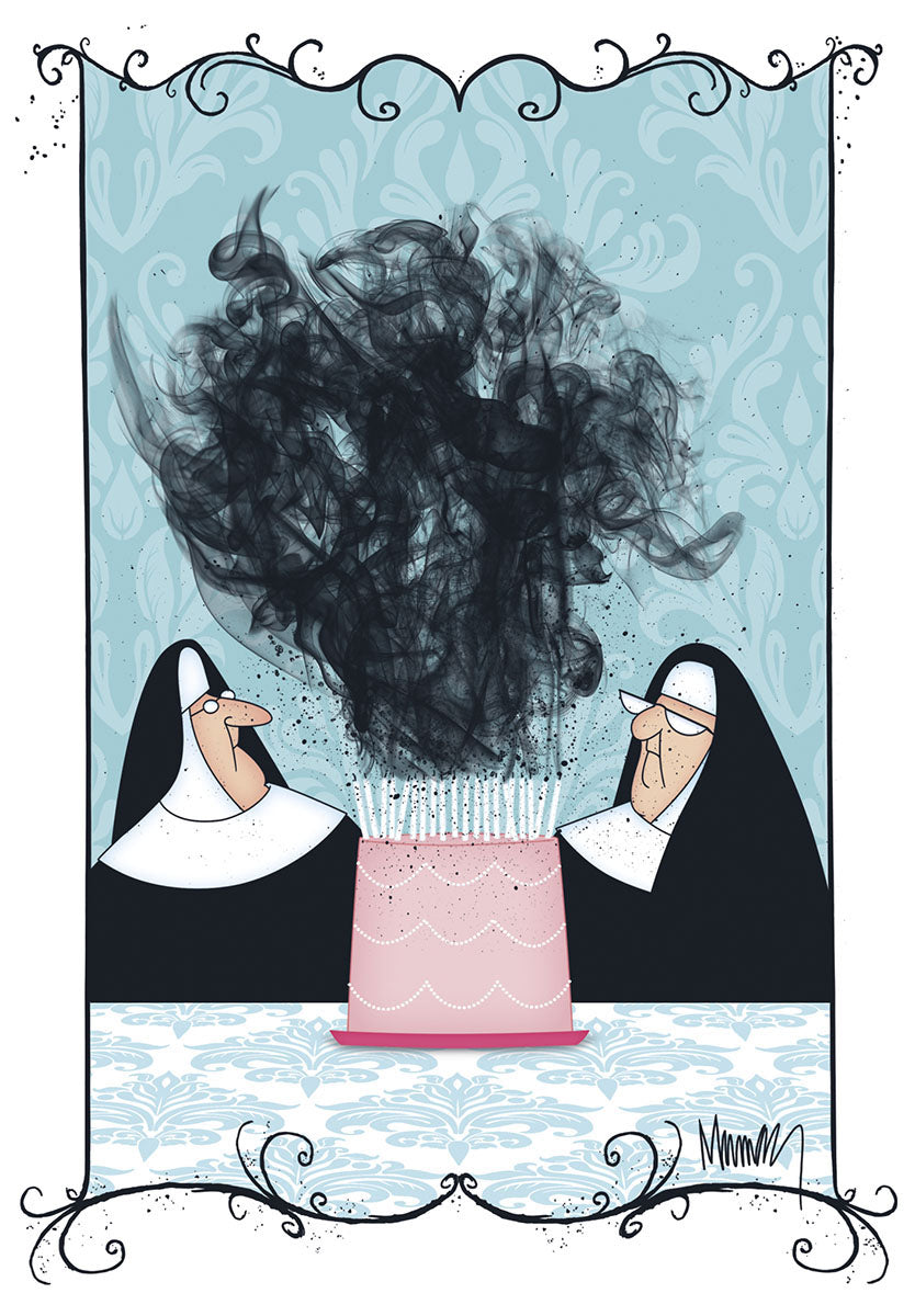 Humorous birthday greeting card featuring two cartoon nuns surprised by a towering cloud of black smoke rising from an over-candled pink birthday cake, set against a light blue damask background with a decorative black border. Perfect for funny celebrations.
