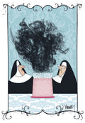Humorous birthday greeting card featuring two cartoon nuns surprised by a towering cloud of black smoke rising from an over-candled pink birthday cake, set against a light blue damask background with a decorative black border. Perfect for funny celebrations.