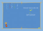 Inside of a humorous birthday card with a blue background and gold ornate frame, displaying a margarita glass, a lime wedge, and the witty text 'THEN ADD TEQUILA AND LIME. HAPPY BIRTHDAY!' Ideal for a friend with a good sense of humor.