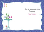 Inside view of a humorous birthday card. The message continues the joke from the front, stating: 'Except wine, which is a serving of fruit. You're welcome. Happy Birthday!' On the left, there's a small illustration of two wine bottles and three wine glasses. The card's border matches the blue swirl pattern from the front.