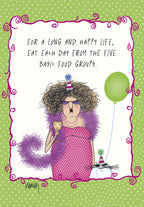 Funny birthday card featuring a sassy cartoon woman in a pink polka-dot dress, purple boa, and sunglasses holding a wine glass, with a party hat on her and a cat, celebrating the 'five basic food groups' of caffeine, sugar, fat, starch, and wine. Perfect for a friend.