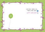 Inside of a humorous birthday greeting card displaying a green balloon and a wine glass, with the witty text 'CAFFEINE, SUGAR, FAT, STARCH, AND WINE. HAPPY BIRTHDAY!', echoing the front design.