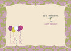 Inside of funny birthday card showing four colorful balloons (purple, yellow, white, pink) and a martini glass with text: 'WE'RE MARINATING. HAPPY BIRTHDAY!'