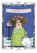 Whimsical hippie woman and groovy cat celebrating a 'Hippie Birthday' with a purple cake, framed by a playful doodle border.