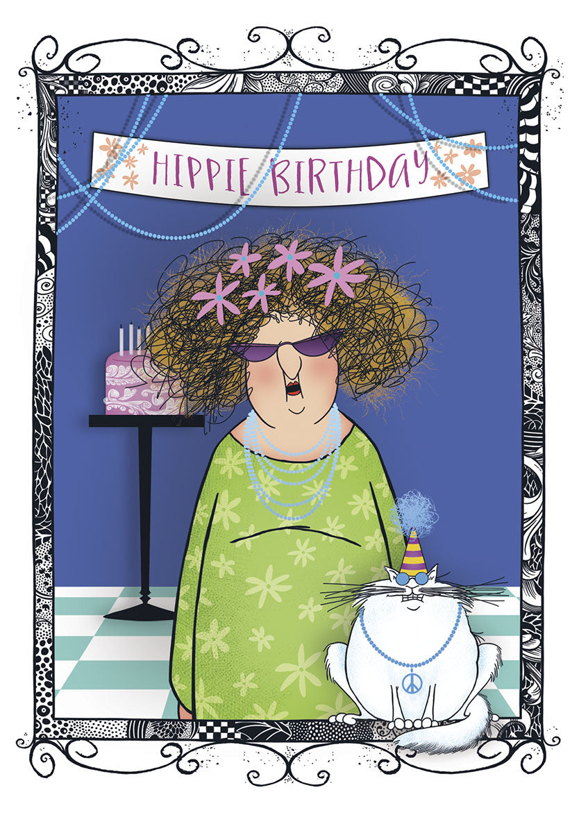 Whimsical hippie woman and groovy cat celebrating a 'Hippie Birthday' with a purple cake, framed by a playful doodle border.