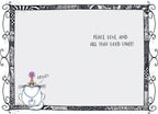 Inside of a humorous greeting card featuring a groovy cat saying 'GROOVY' with the message 'PEACE, LOVE, AND ALL THAT GOOD STUFF!' on a white background with a doodle border.