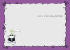 Inside of a sassy greeting card with a whimsical black swirl border on a purple background, featuring a cool cat in a party hat saying 'ROCK ON' in a speech bubble and the printed message 'HAVE A TOTALLY BADASS BIRTHDAY!' on a light gray background.