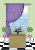 A humorous greeting card featuring a black cat with wide yellow eyes peeking out from a brown cardboard box. The setting is a whimsical indoor scene with light green walls, a window framed by long purple polka-dotted curtains, and two small topiary plants in decorative pots on a black and white checkered floor. The overall style is playful and artistic.