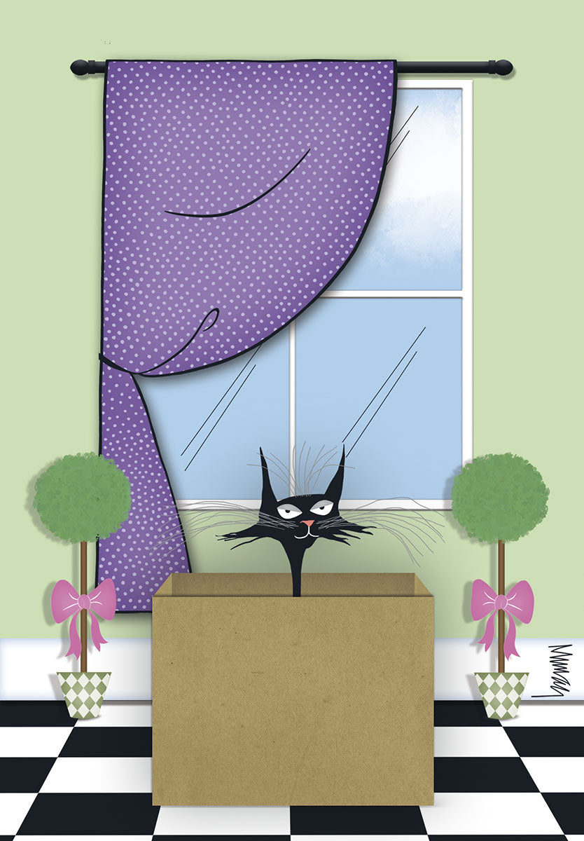 A humorous greeting card featuring a black cat with wide yellow eyes peeking out from a brown cardboard box. The setting is a whimsical indoor scene with light green walls, a window framed by long purple polka-dotted curtains, and two small topiary plants in decorative pots on a black and white checkered floor. The overall style is playful and artistic.
