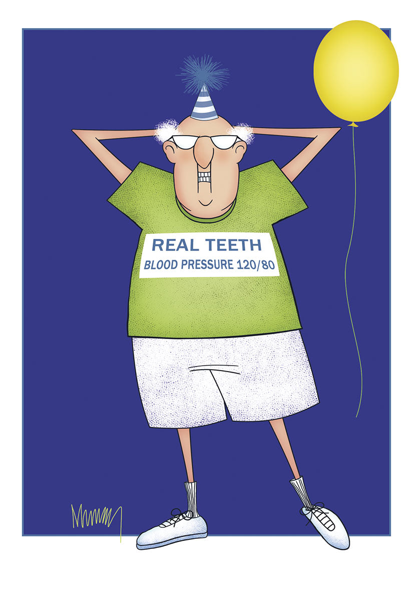 Funny birthday card for grandpa featuring a cartoon older man in a party hat, wearing a green t-shirt with 'REAL TEETH' and 'BLOOD PRESSURE 120/80' text, holding a yellow balloon against a blue background.
