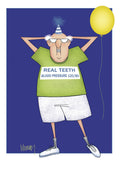 Funny birthday card for grandpa featuring a cartoon older man in a party hat, wearing a green t-shirt with 'REAL TEETH' and 'BLOOD PRESSURE 120/80' text, holding a yellow balloon against a blue background.