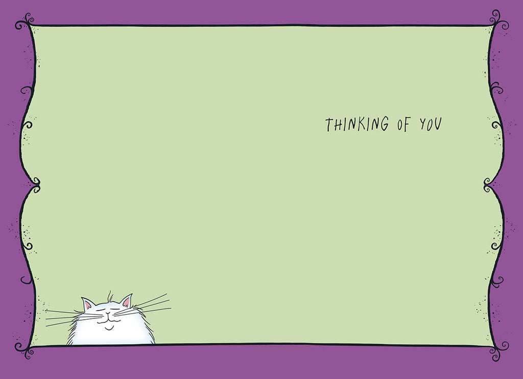 Inside of a greeting card with a whimsical purple ornate border and a light green background. A small peeking white cat smiles at the bottom, and the text 'THINKING OF YOU' is written at the top right, leaving ample space for a personal message.