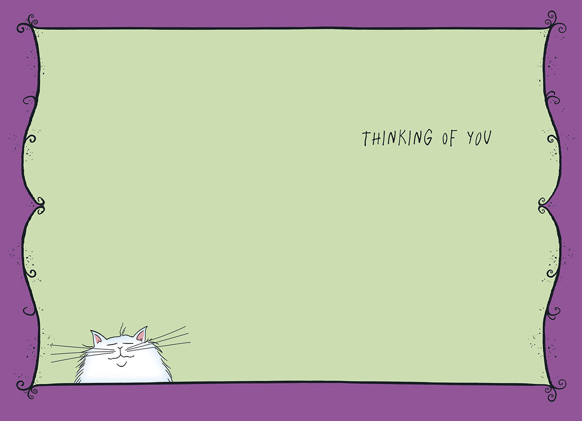 Inside of a greeting card with a whimsical purple ornate border and a light green background. A small peeking white cat smiles at the bottom, and the text 'THINKING OF YOU' is written at the top right, leaving ample space for a personal message.