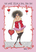 Funny anniversary greeting card for him featuring a sassy cartoon woman in red lingerie holding a heart, with text 'YOU HAVE BEEN A BAD, BAD BOY.' Perfect for husband or boyfriend, celebrating a playful, naughty love.