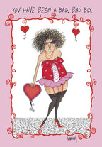 Funny anniversary greeting card for him featuring a sassy cartoon woman in red lingerie holding a heart, with text 'YOU HAVE BEEN A BAD, BAD BOY.' Perfect for husband or boyfriend, celebrating a playful, naughty love.