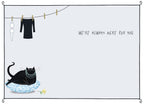 Inside of a supportive greeting card for a woman, showing a black cat with pearl necklace, a clothesline with a bra and a black top. The encouraging message 'WE'RE ALWAYS HERE FOR YOU.' is prominently displayed.