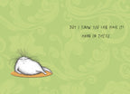 Inside of a funny cat support card featuring a content fluffy white cat lying down, with inspiring text 'BUT I KNOW YOU CAN HACK IT! HANG IN THERE.' on a subtle green patterned backdrop.