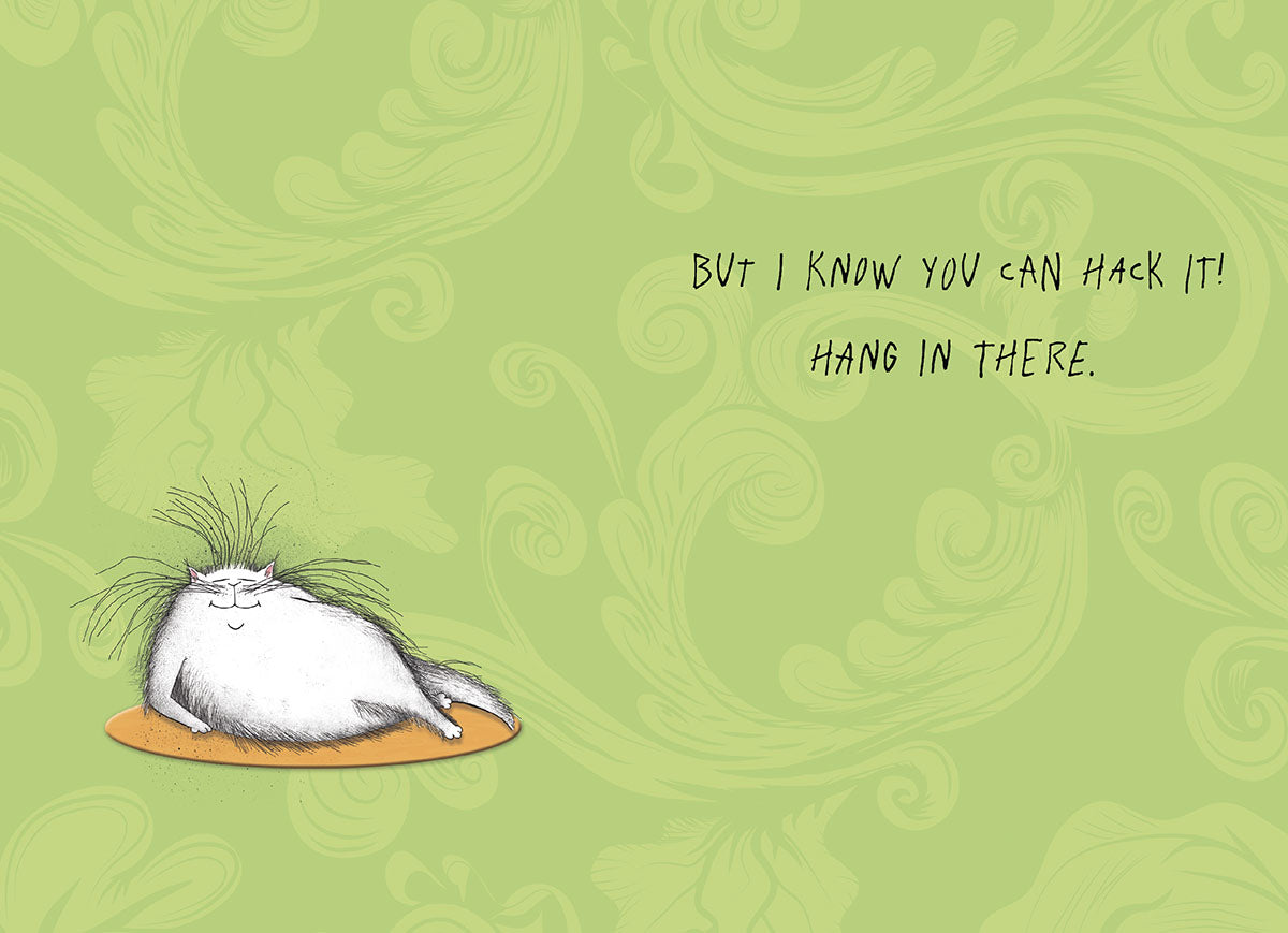 Inside of a funny cat support card featuring a content fluffy white cat lying down, with inspiring text 'BUT I KNOW YOU CAN HACK IT! HANG IN THERE.' on a subtle green patterned backdrop.