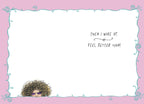 Inside of a funny get well card revealing the cartoon woman's face peeking from the bottom and the punchline 'THEN I WOKE UP. FEEL BETTER SOON!' against a blank, scroll-bordered background.