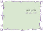 Inside view of a humorous get well greeting card with purple decorative border and text that reads 'YOU'RE DOOMED. GET WELL SOON!' to bring a smile to your friend.
