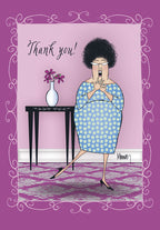 Funny thank you card featuring a cheerful cartoon woman in a blue polka-dot dress, with dark curly hair and glasses, clapping happily beside a table with purple flowers, all framed by an elegant purple border. Perfect for expressing gratitude to her, a friend, or anyone special.