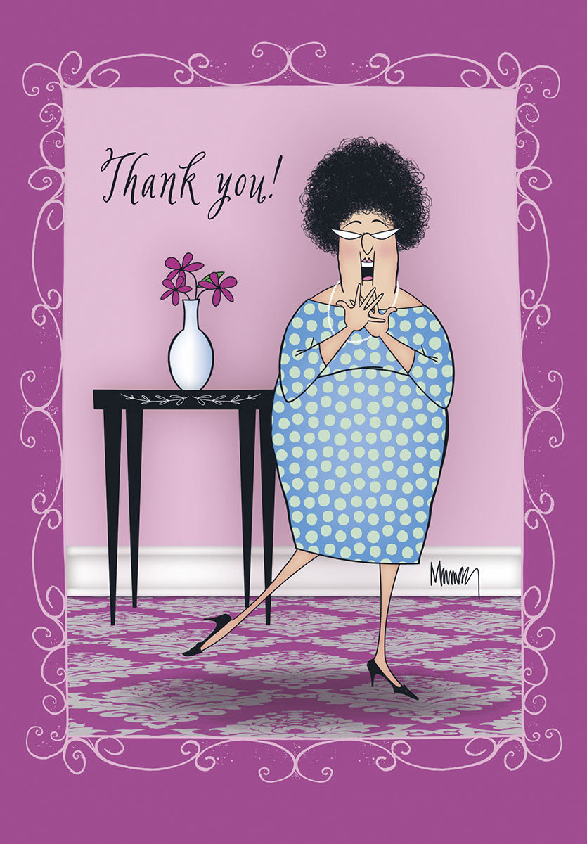 Funny thank you card featuring a cheerful cartoon woman in a blue polka-dot dress, with dark curly hair and glasses, clapping happily beside a table with purple flowers, all framed by an elegant purple border. Perfect for expressing gratitude to her, a friend, or anyone special.