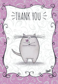 Whimsical thank you greeting card featuring a plump grey cartoon cat holding a pink flower, framed by intricate purple floral swirls with 'THANK YOU' text.
