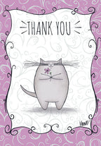 Whimsical thank you greeting card featuring a plump grey cartoon cat holding a pink flower, framed by intricate purple floral swirls with 'THANK YOU' text.