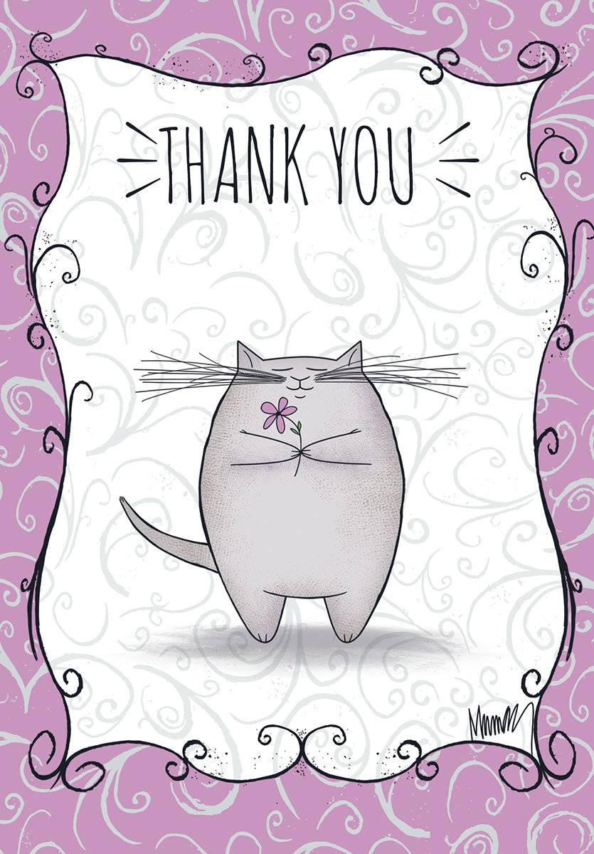Whimsical thank you greeting card featuring a plump grey cartoon cat holding a pink flower, framed by intricate purple floral swirls with 'THANK YOU' text.
