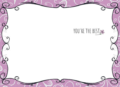 Inside view of a thank you greeting card with a blank space for personal message, bordered by purple and black swirls, and the text 'YOU'RE THE BEST' with a small flower detail.