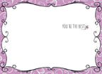 Inside of a cute thank you card with a blank white space for writing, bordered by purple floral swirls, and 'YOU'RE THE BEST.' text with a small pink flower.