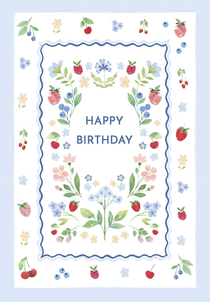 Cute watercolor birthday card front featuring a blue wavy frame adorned with vibrant illustrations of strawberries, blueberries, cherries, raspberries, and delicate pastel flowers, with 'HAPPY BIRTHDAY' centrally placed on a white background. Perfect for nature lovers.