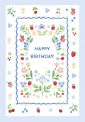 Cute watercolor birthday card front featuring a blue wavy frame adorned with vibrant illustrations of strawberries, blueberries, cherries, raspberries, and delicate pastel flowers, with 'HAPPY BIRTHDAY' centrally placed on a white background. Perfect for nature lovers.