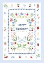 Cute watercolor birthday card front featuring a blue wavy frame adorned with vibrant illustrations of strawberries, blueberries, cherries, raspberries, and delicate pastel flowers, with 'HAPPY BIRTHDAY' centrally placed on a white background. Perfect for nature lovers.