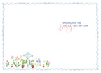 Inside of a whimsical watercolor greeting card, displaying a matching blue wavy border and a heartfelt message 'WISHING YOU THE Berry BEST DAY EVER!' in elegant script, complemented by charming small floral and strawberry illustrations at the bottom. Ideal for a friend.