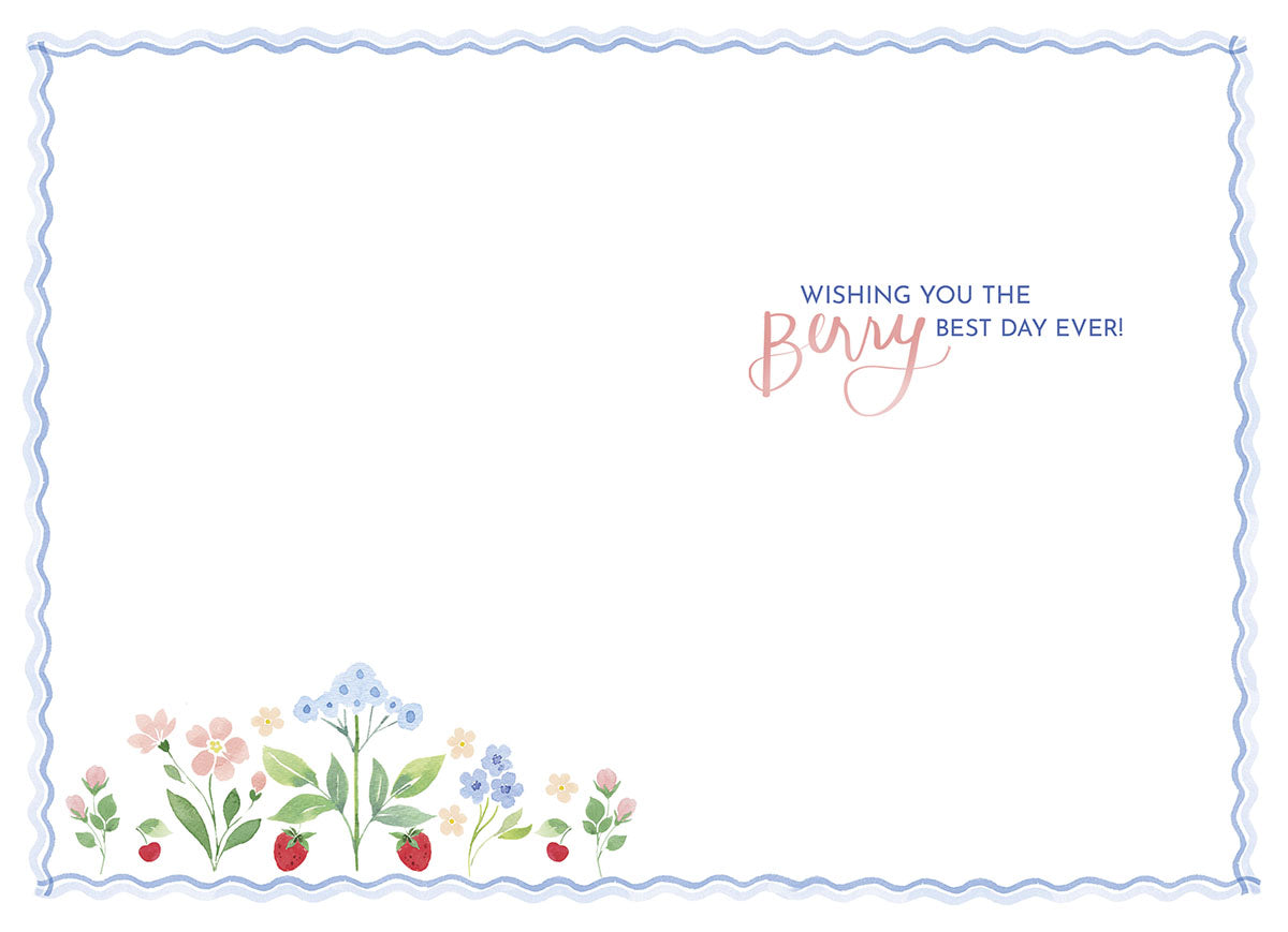 Inside of a whimsical watercolor greeting card, displaying a matching blue wavy border and a heartfelt message 'WISHING YOU THE Berry BEST DAY EVER!' in elegant script, complemented by charming small floral and strawberry illustrations at the bottom. Ideal for a friend.