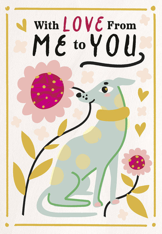 Whimsical puppy with flower and "With Love From Me to You" on a greeting card front. Features a charming green dog with polka dots.