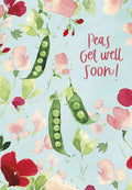 Front of a Get Well Soon greeting card featuring watercolor illustrations of green pea pods and pink and red sweet pea flowers on a light blue background. The text reads "Peas Get well Soon!" in a playful font.