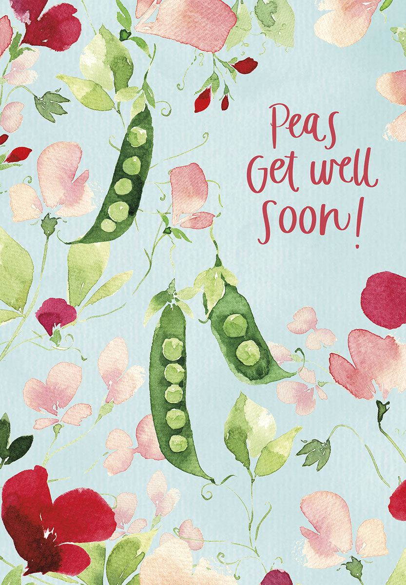 Front of a Get Well Soon greeting card featuring watercolor illustrations of green pea pods and pink and red sweet pea flowers on a light blue background. The text reads "Peas Get well Soon!" in a playful font.