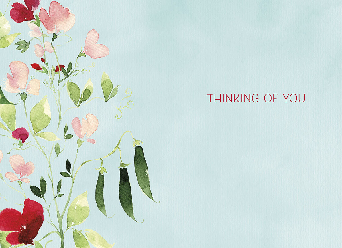 Inside of a watercolor thinking of you card with a floral border of pea pods and flowers on the left, and 'THINKING OF YOU' text.