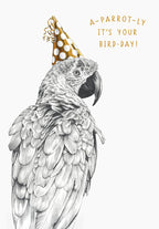 Front of a funny birthday greeting card featuring a detailed sketch of a parrot wearing a gold polka dot party hat, with the witty text 'A-PARROT-LY IT'S YOUR BIRD-DAY!'. Perfect for bird lovers and humorous celebrations.