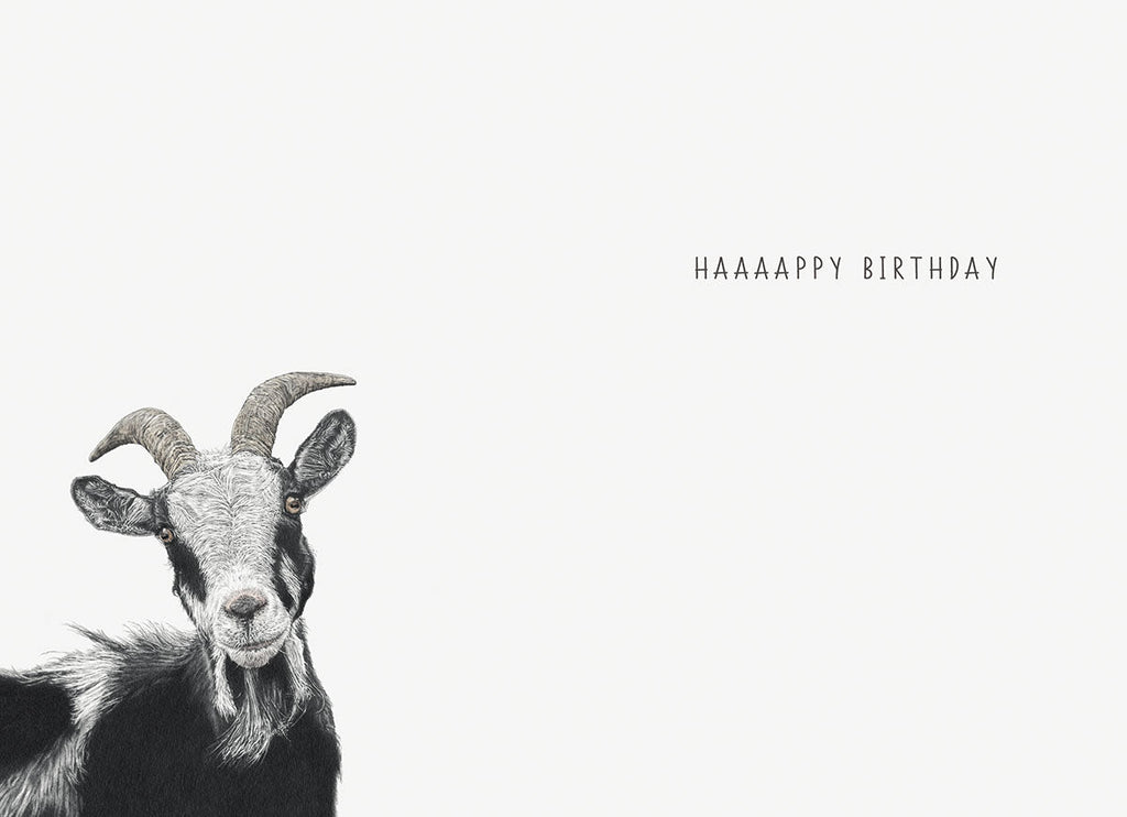Open birthday greeting card featuring a black and white goat illustration on the left and 'HAAAAAPPY BIRTHDAY' text on the right, perfect for celebrating a friend's special day.