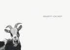 Open birthday greeting card featuring a black and white goat illustration on the left and 'HAAAAAPPY BIRTHDAY' text on the right, perfect for celebrating a friend's special day.